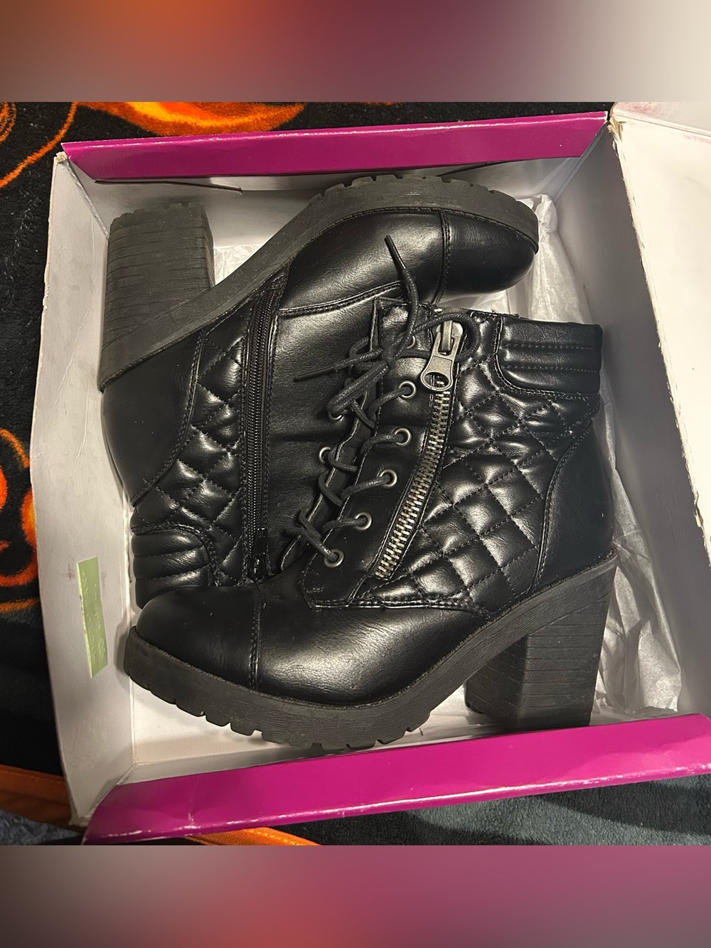Rampage Black Quilted Lace-Up Block Heel Ankle Boots